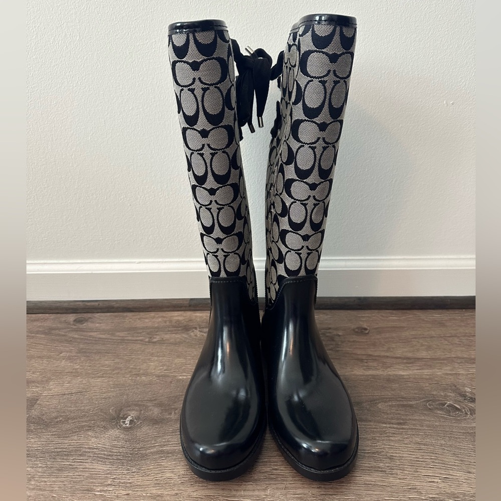 Coach Black & Grey Signature Logo Knee-High Boots - Picture 3 of 13